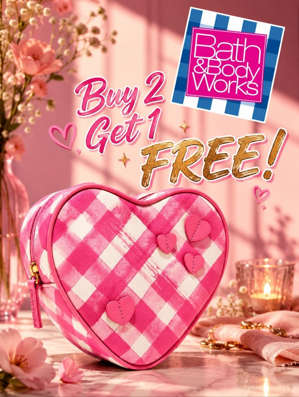 Bath & Body Works Pink & White Gingham Print Heart Shaped Cosmetics Bag
